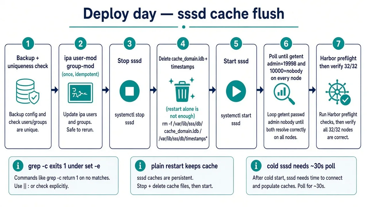 Deploy-day sequence: backup, idempotent ipa user-mod and group-mod, stop sssd, delete cache ldb and timestamps, start sssd, poll getent on every node, Harbor preflight and verify 32 of 32